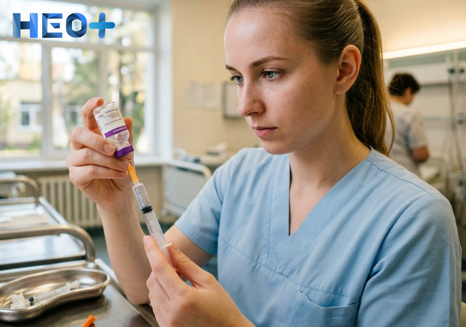 Медсестра набирает в шприц препарат